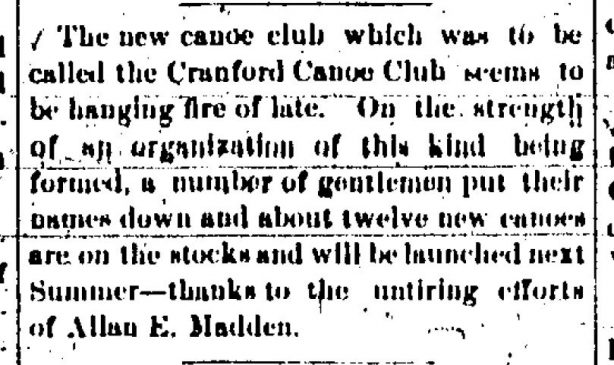 Cranford Chronicle 1895 11 06 Canoe Club named