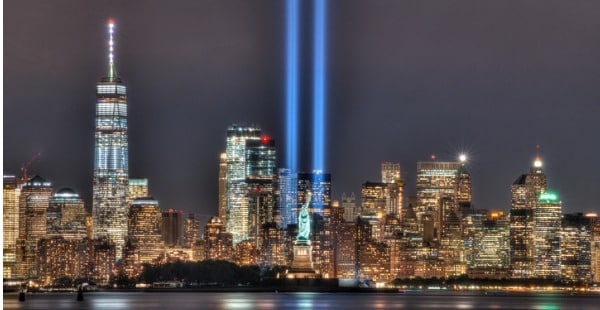 memorial beacons with statue of liberty lower manhattan