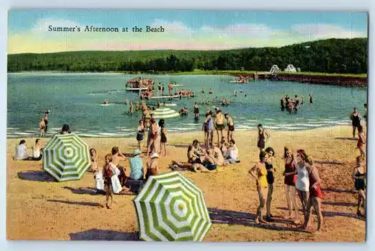 1936 Pocono Pines Pennsylvania Postcard Lutherland Atop Summer Afternoon Beach