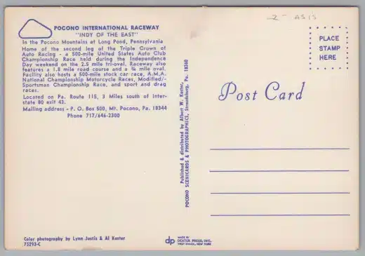 Pocono Speedway Indy cars Postcard back