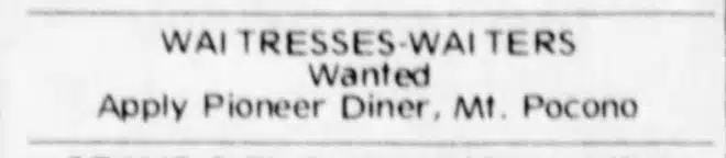 1974 Pioneer Diner Waitresses wanted Aug 5