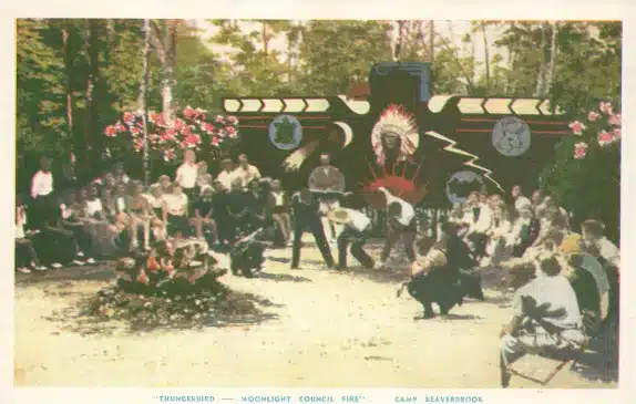 CAMP BEAVERBROOK THUNDERBIRD MOONLIGHT COUNCIL FIRE POCONO PA VINTAGE POSTCARD
