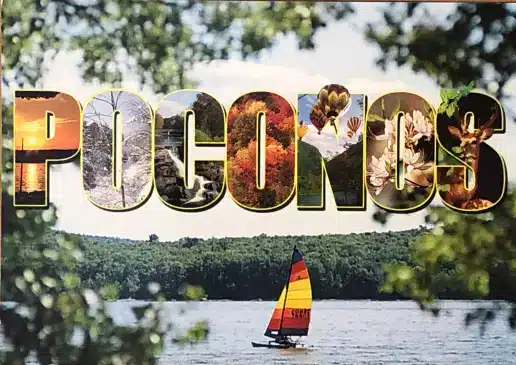 Poconos Pennsylvania Large Letter Postcard Pocono Mountains Sailboat Lake PA