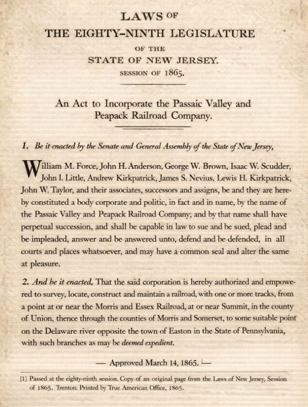 1865 Charter Extract Passaic Valley and Peapack Railroad Mr Local history Project