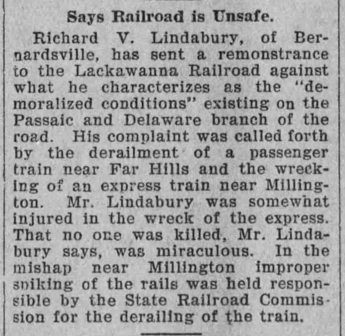 1908 Lindabury states Train is Unsafe MOrris County Chronicle Aug 18