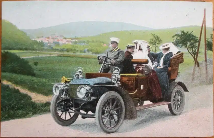 Chauffeur Driven Car Automobile 1910 Postcard, Two Couples Being Driven