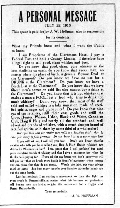 1915 JW Hoffman Liquor Seller Letter Claremont Hotel Aug 5 Bville News