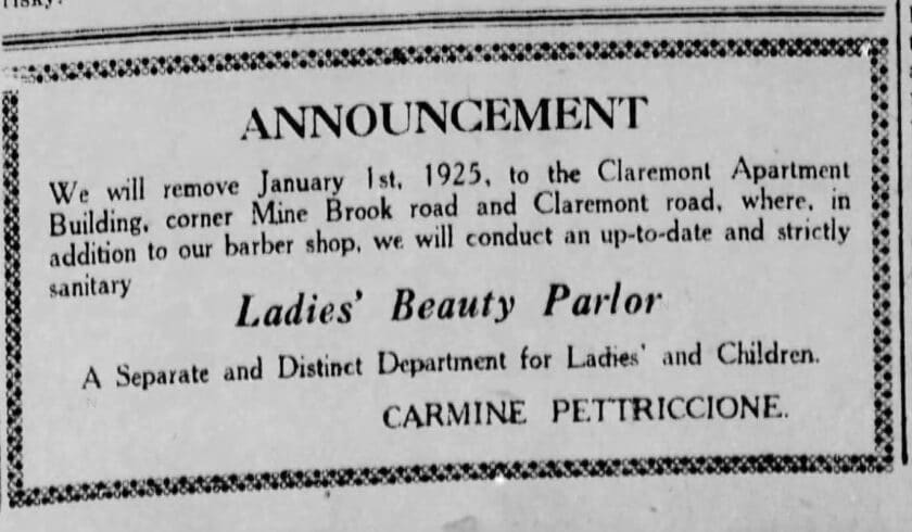 1924 Ladies Beauty parlor moving to Claremont Apartment Building Dec 25 Bville News