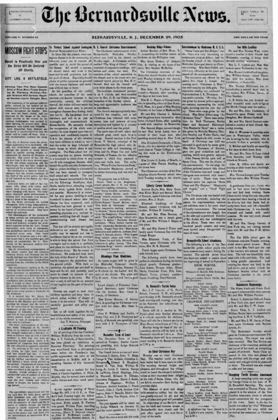 Dec 29 1905 Bernardsville News Front Page