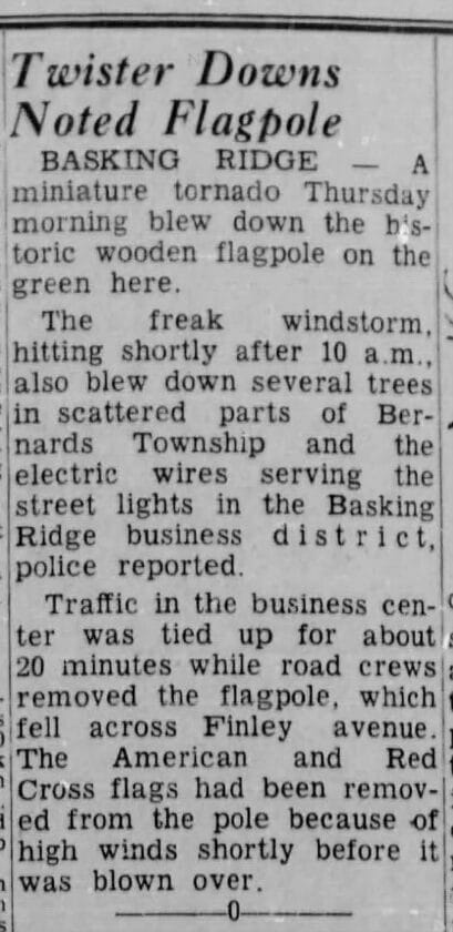 1963 Twister Blows down Basking Ridge wooden flagpole Apr 11 Bville News