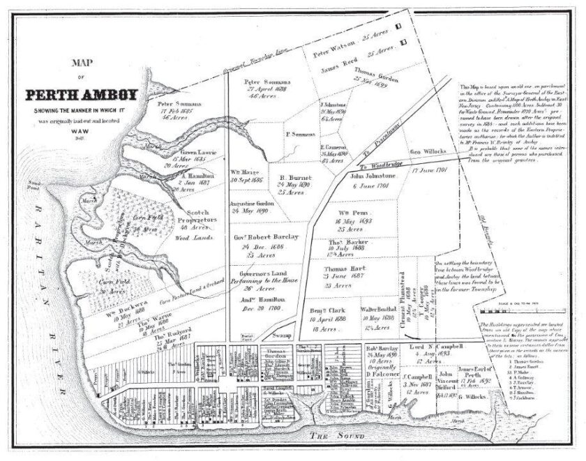 1856 Map of Perth Amboy Whitehead land ownership 1685–1701