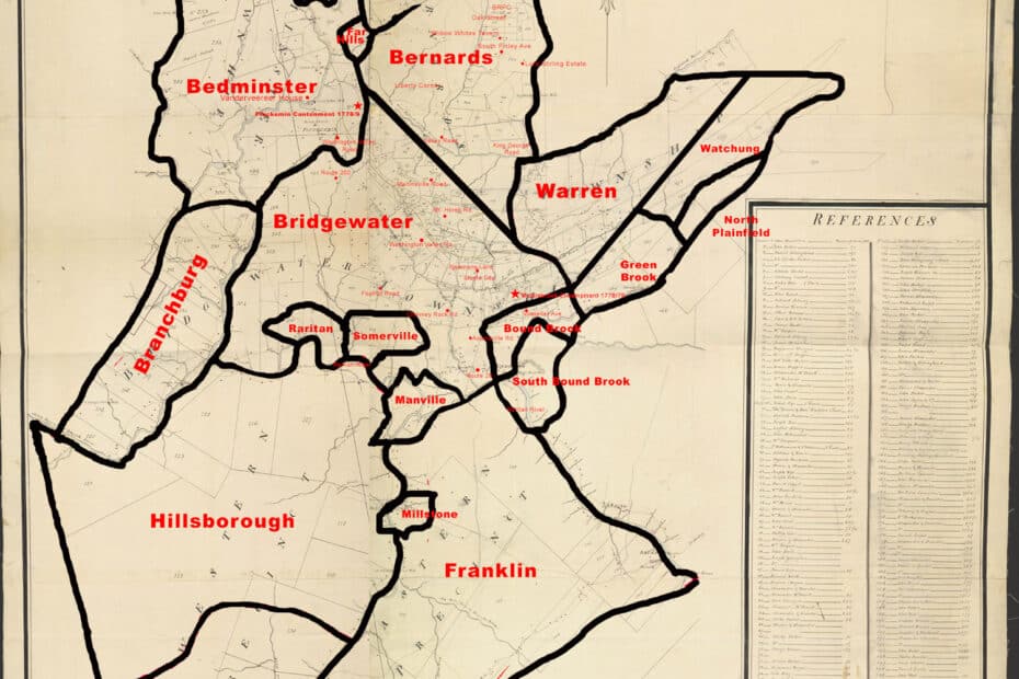 1766 Morgan–Hills Map of Somerset County 1766 highlighted sm