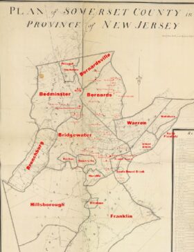 1766 Morgan–Hills Map of Somerset County 1766 highlighted2 small