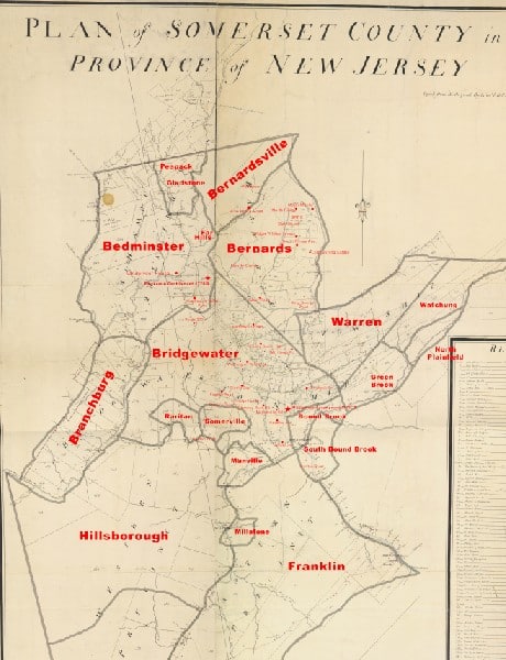 1766 Morgan–Hills Map of Somerset County 1766 highlighted2 small